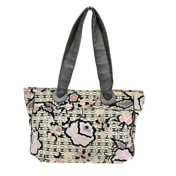 CHANEL CC Logo Floral Shoulder Tote Bag Canvas Leather Beige SHW Itay - Picture 1 of 5